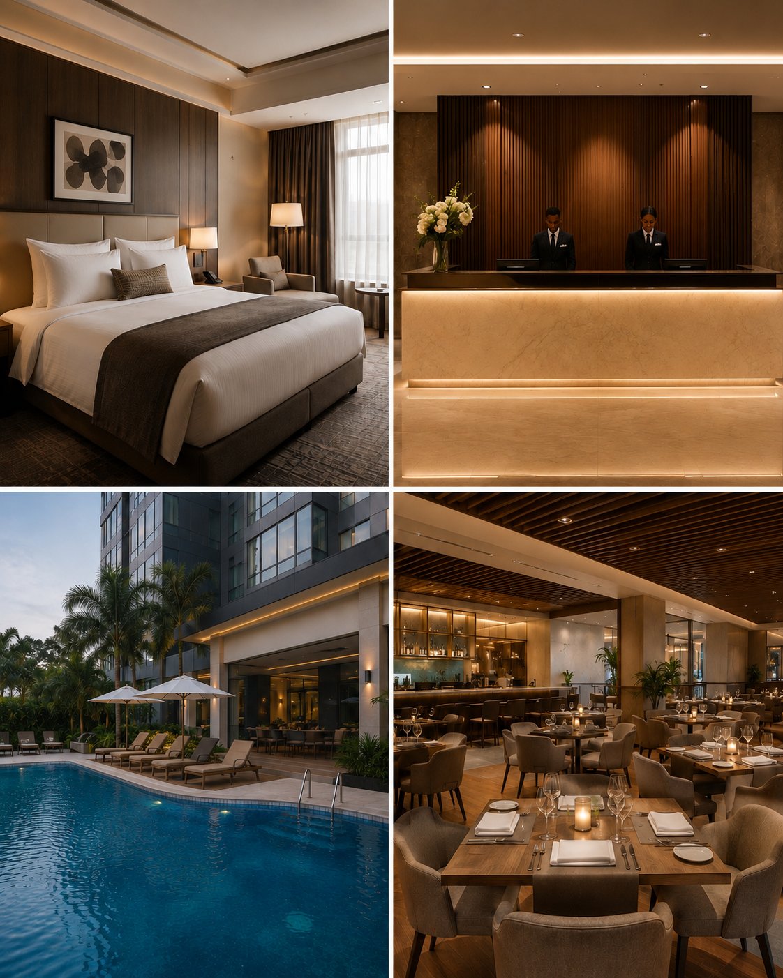 Hotel guest room, reception, pool and restaurant interiors