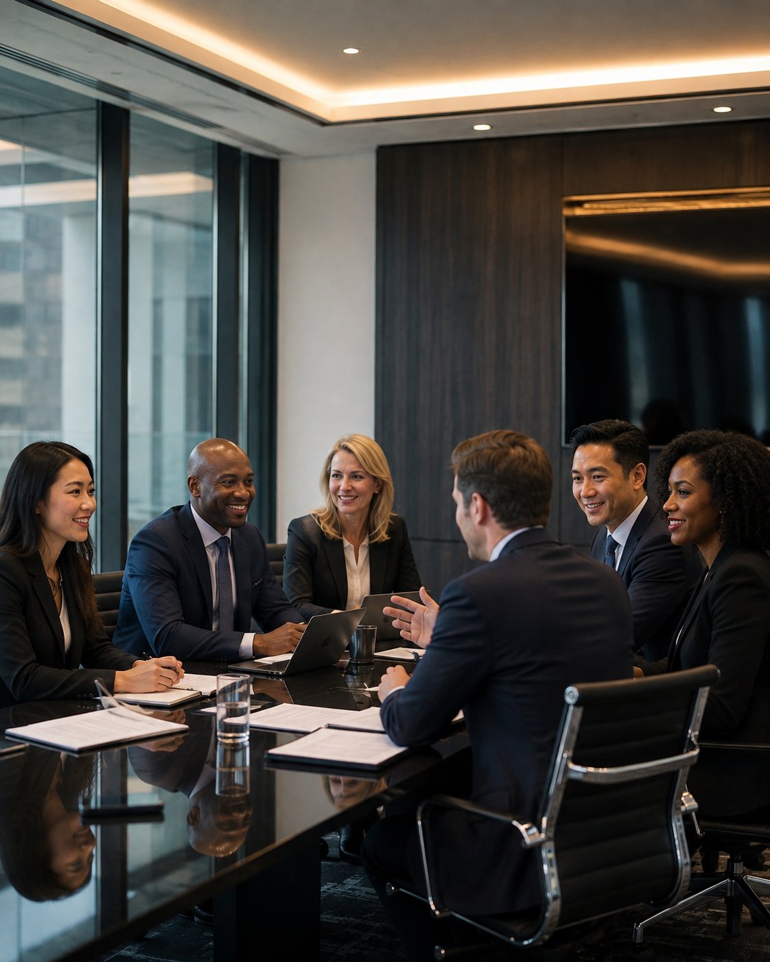 Hospitality leaders discussing strategy in a boardroom