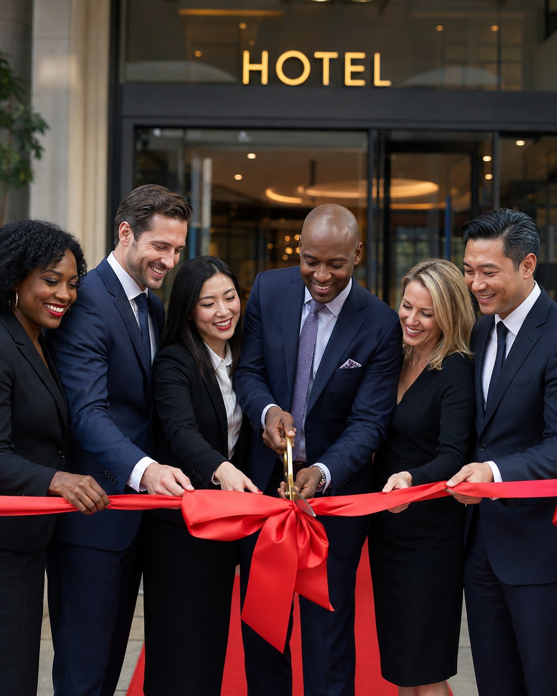 Hotel leadership team celebrating a ribbon-cutting opening